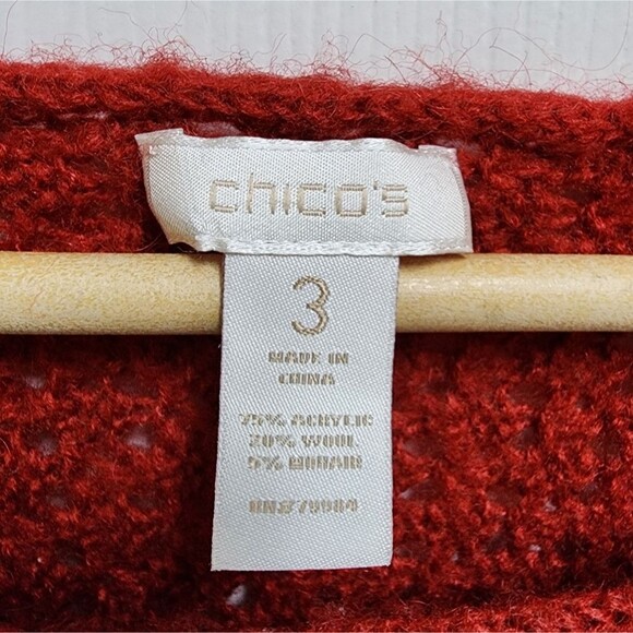 Chico's Sweater Womens XL Red Wool Mohair Blend Open Knit 3/4 Sleeve Pullover - Picture 6 of 8